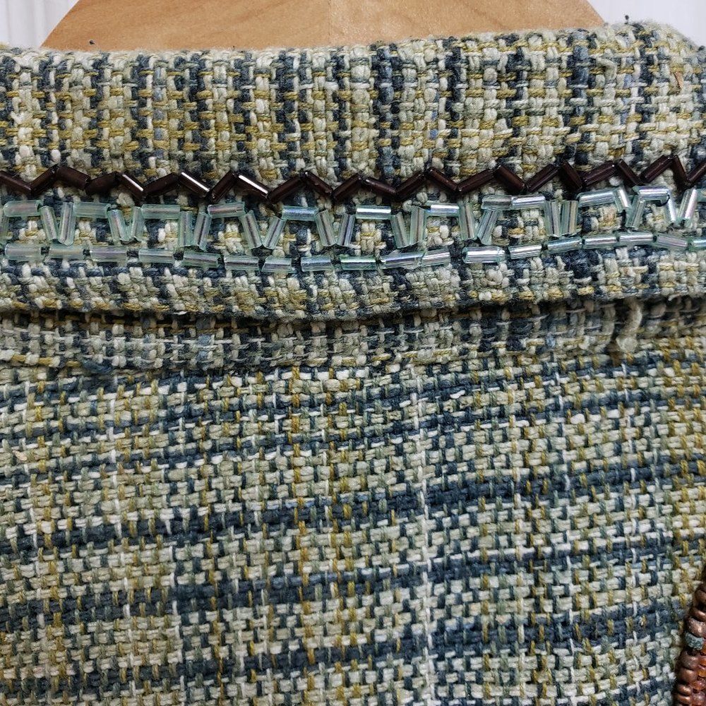 Chico's Green Multi Plaid Silk Blend Embroidered Beaded Fringe Tweed Blazer Sz S - Picture 7 of 14